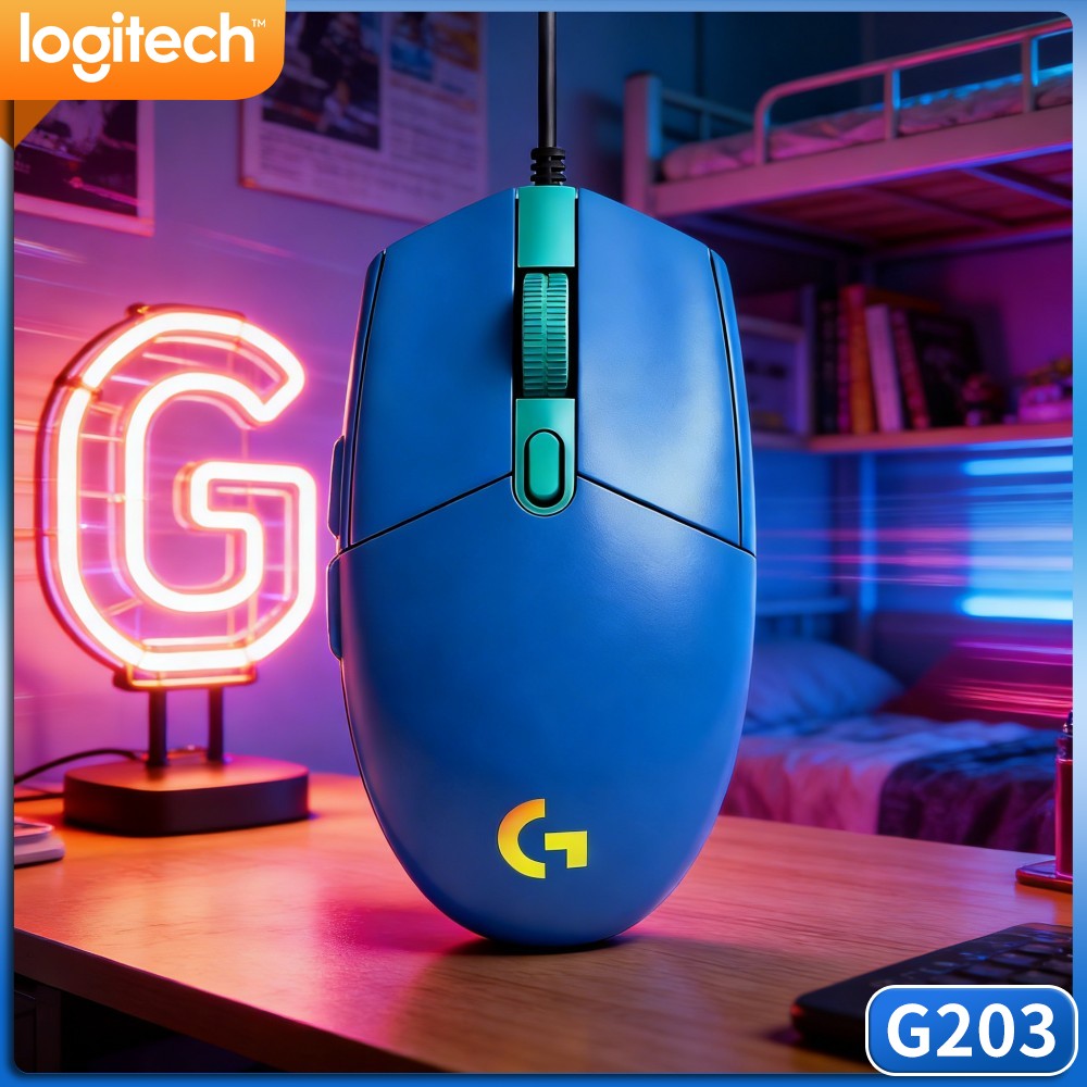 Logitech Mouse G203 - เมาส์เกมมิ่งแบบมีสาย Logitech G203 พร้อมไฟ RGB สีสันสดใส